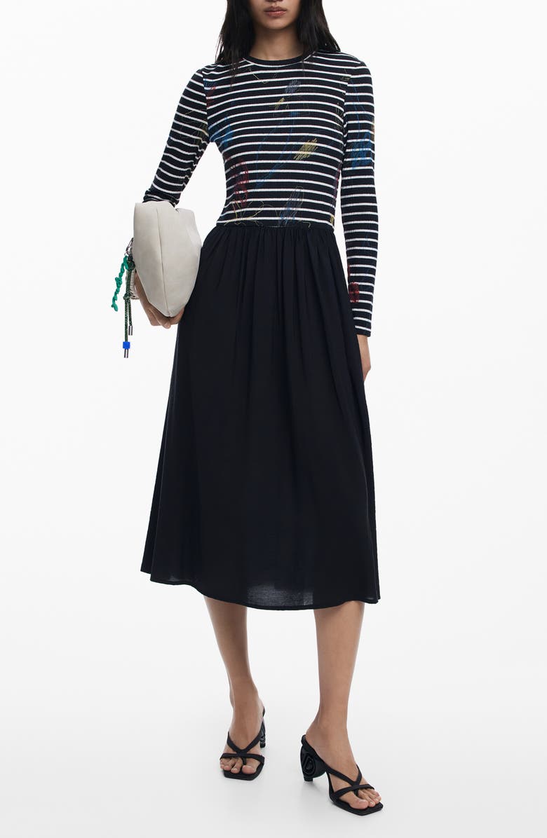 Desigual Long Sleeve Mixed Media Midi Dress, Main, color, Black