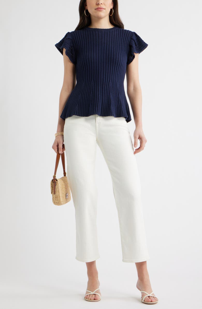 Caslon<sup>®</sup> Flutter Sleeve Pima Cotton Sweater, Alternate, color, Navy Still