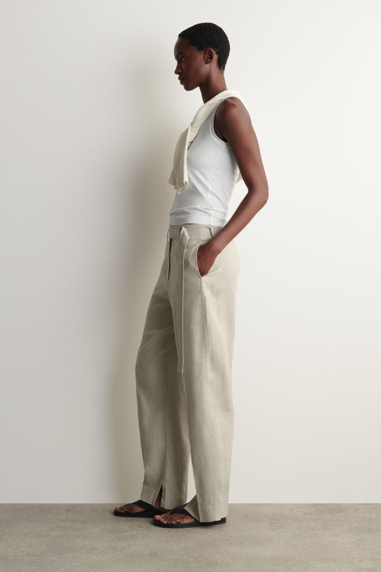 Belted Linen Barrel-Leg Pants, Alternate, color, BEIGE