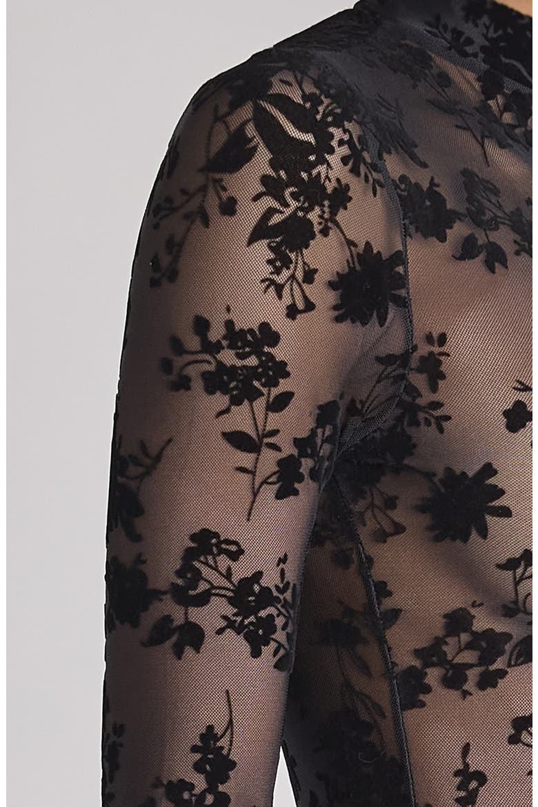 Colette Flocked Floral Sheer Bodysuit, Alternate, color, BLACK
