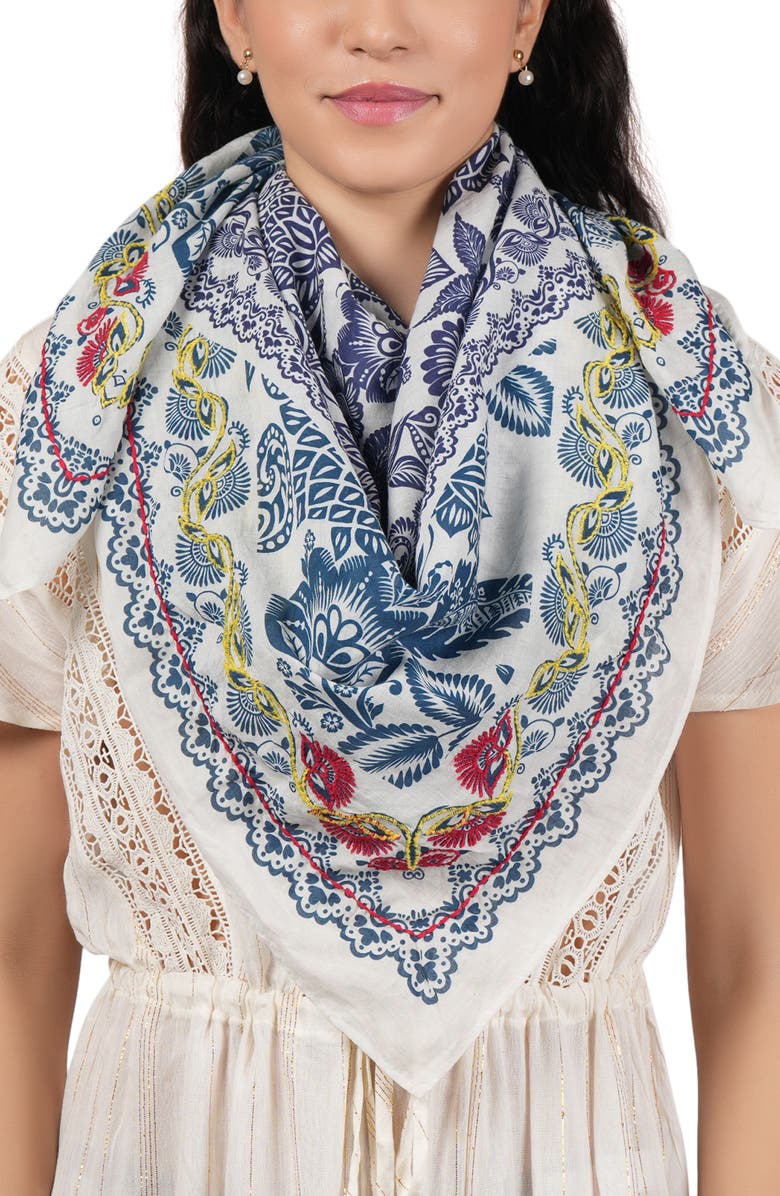 Vismaya Embroidered Floral Cotton Scarf, Main, color, Blue