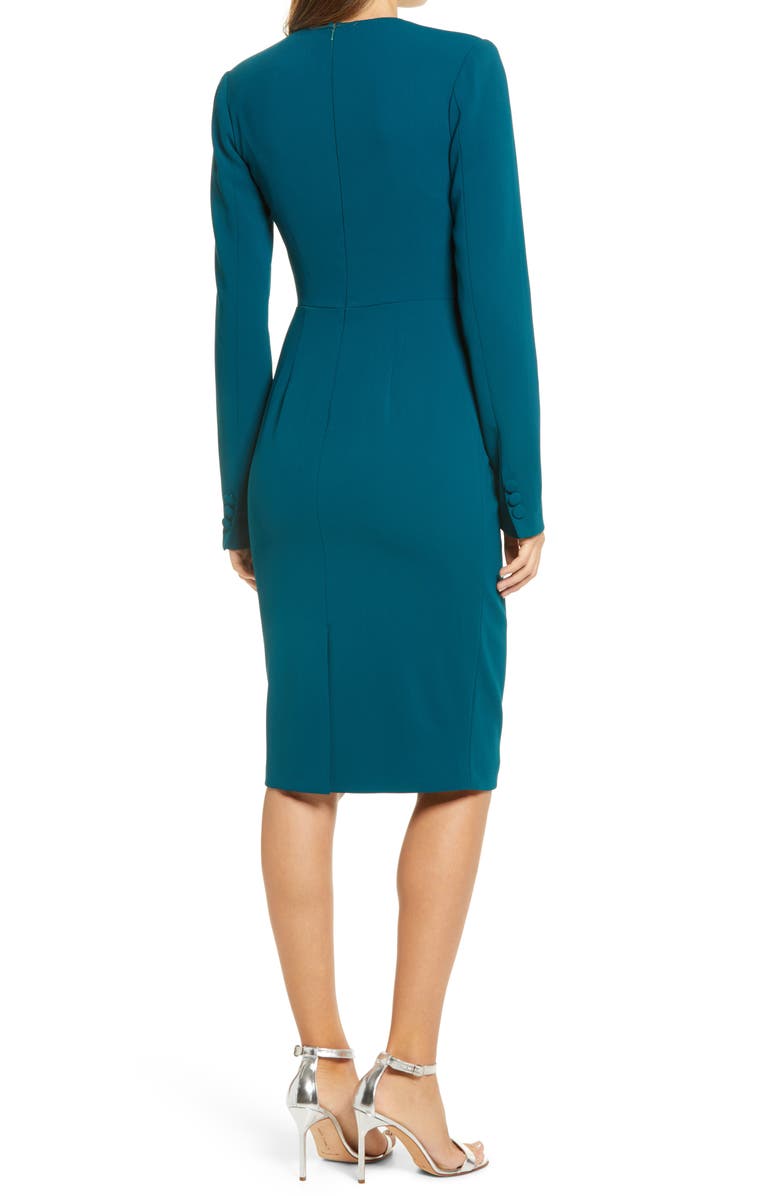 Badgley Mischka Collection Asymmetrical Bow Waist Long Sleeve Dress, Alternate, color,