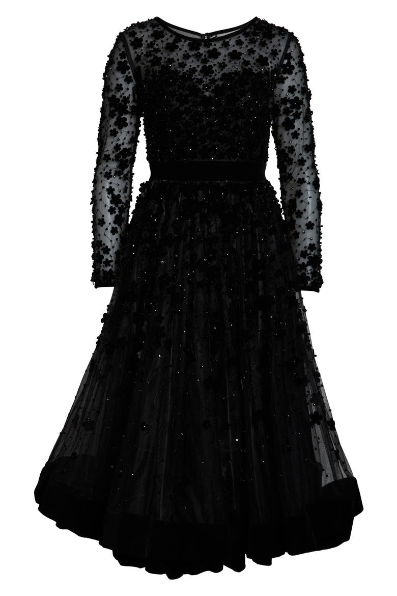 Embellished Illusion High Neck Long Sleeve Fit & Flare, Alternate, color, BLACK