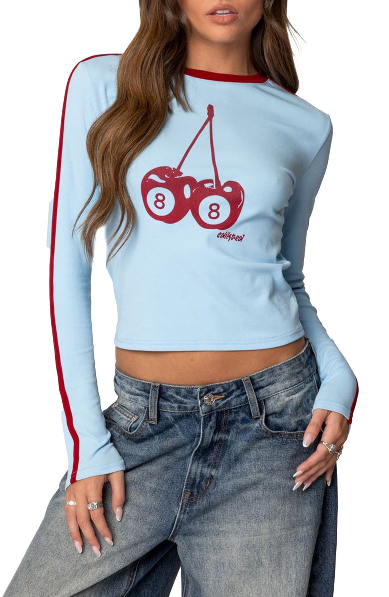 EDIKTED Cherry 8 Long Sleeve Stretch Cotton T-Shirt, Main, color, Light-Blue