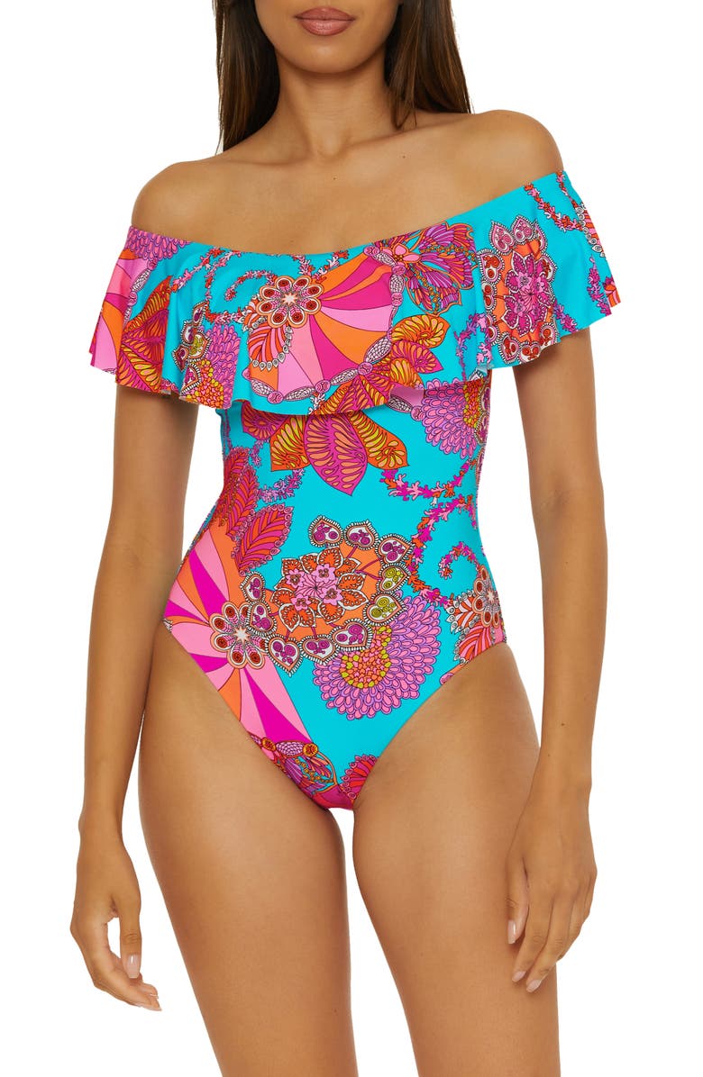 Trina Turk Meilani Off the Shoulder One-Piece Swimsuit, Main, color, Blue Multi