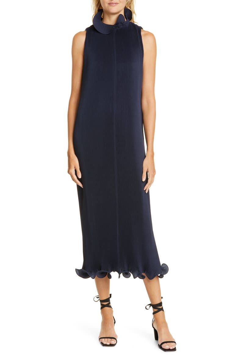Ruffle Trim Pleated Midi Dress, Main, color, NAVY