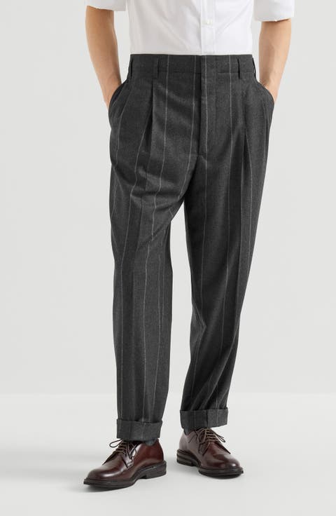 Wool, Silk And Cashmere Chalk Stripe Flannel Trousers With Double Pleats