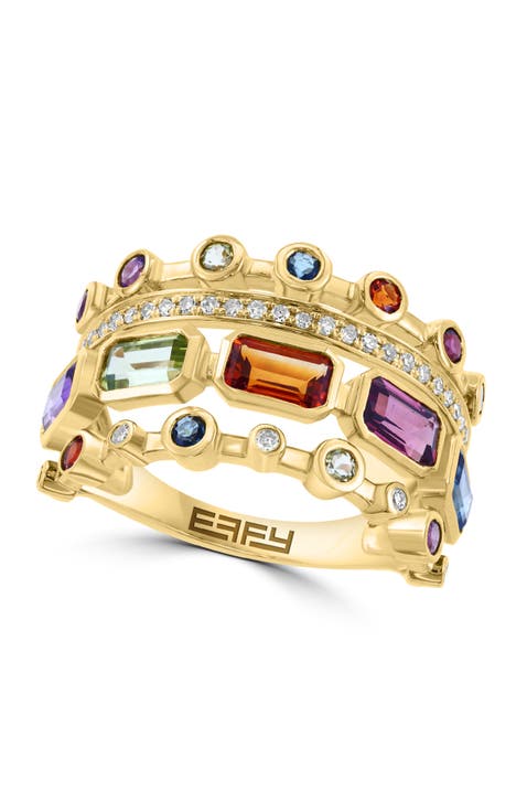14K Yellow Gold Diamond & Multi Gemstone Stacked Architectural Ring