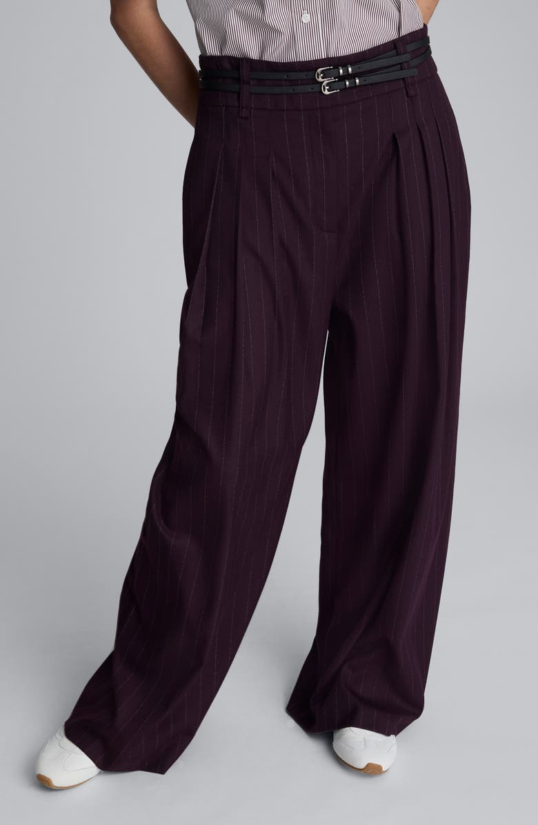 Kenneth Cole Pinstripe Pleated Double Belted High Waist Wide Leg Pants, Main, color, Deep Maroon Multi