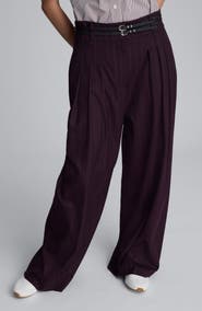 Kenneth Cole Pinstripe Pleated Double Belted High Waist Wide Leg Pants