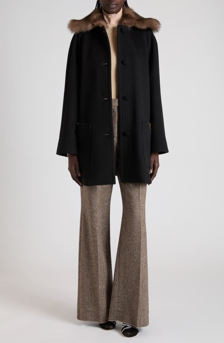 Valentino Genuine Shearling Collar Wool Coat, Alternate, color, Black