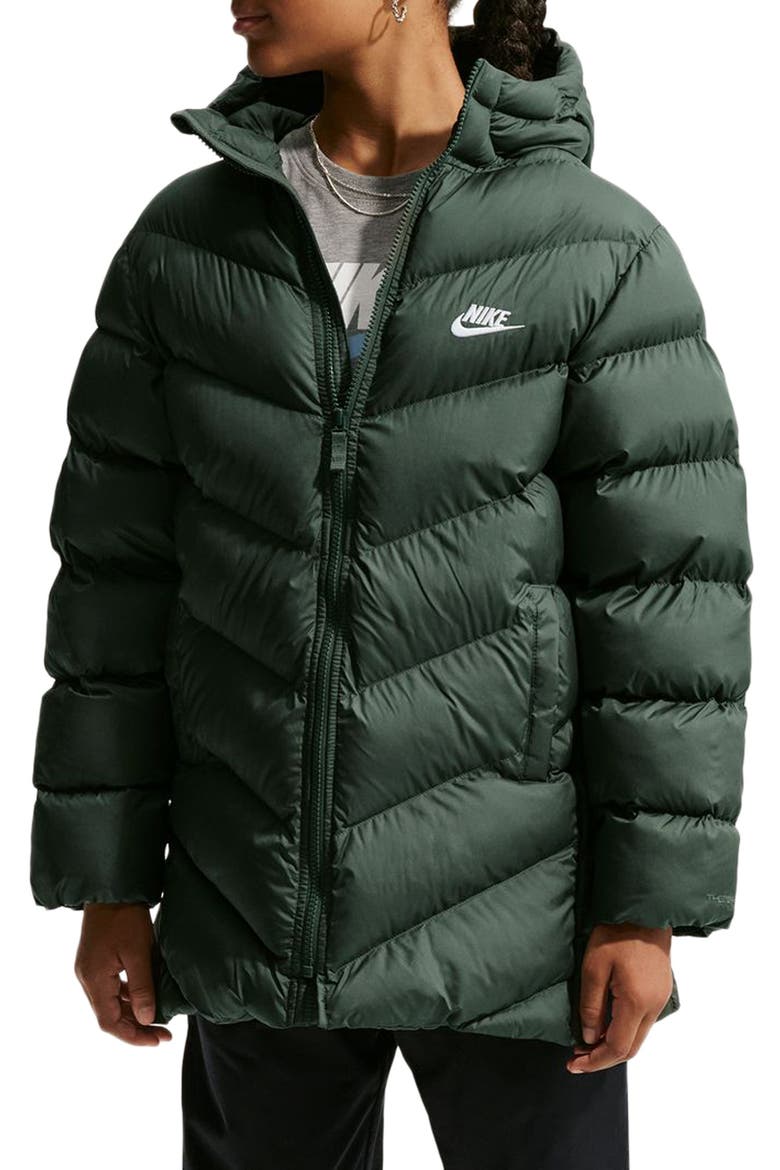 Kids' Sportswear All Day Play Therma-FIT Mid Length Puffer Jacket, Main, color, CAMO GREEN/ WHITE