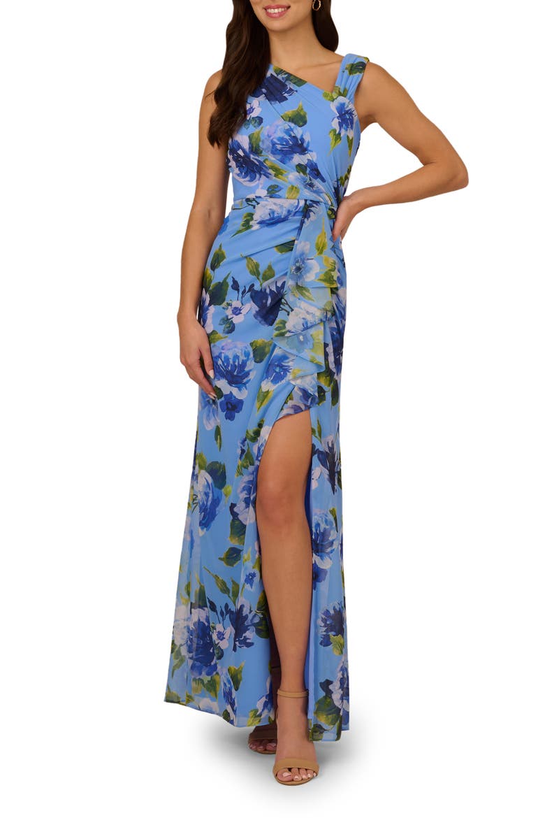 Printed Ruffle Chiffon Mermaid Gown, Main, color, BLUE MULTI