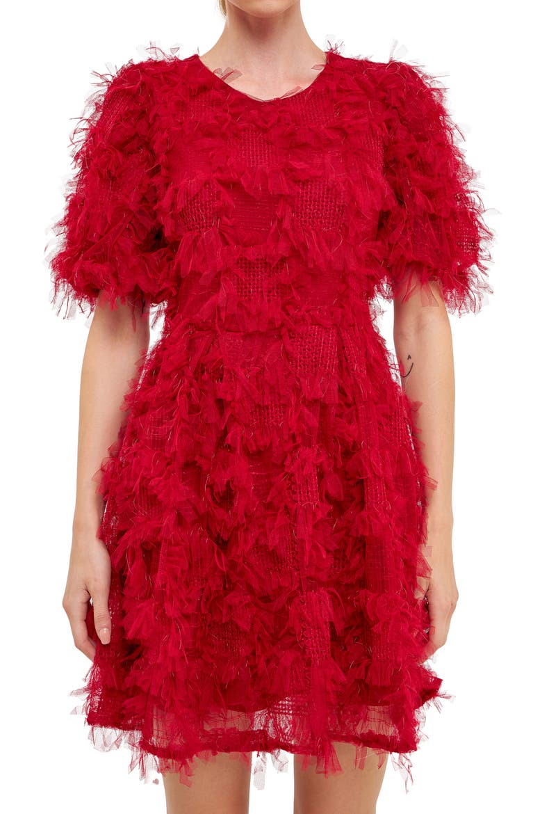 Feathered Mesh Puff Sleeve Minidress, Alternate, color, WINE