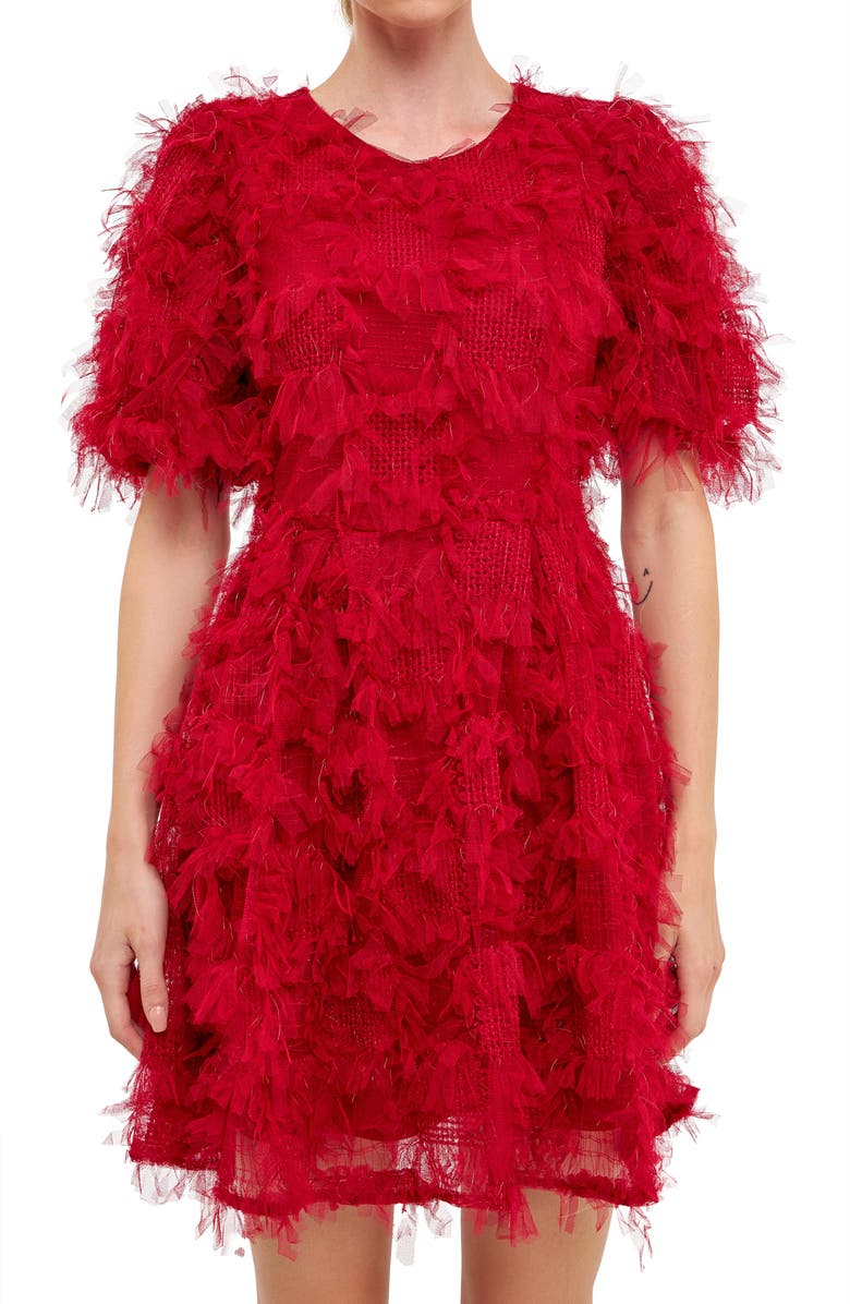Endless Rose Feathered Mesh Puff Sleeve Minidress, Alternate, color, Wine