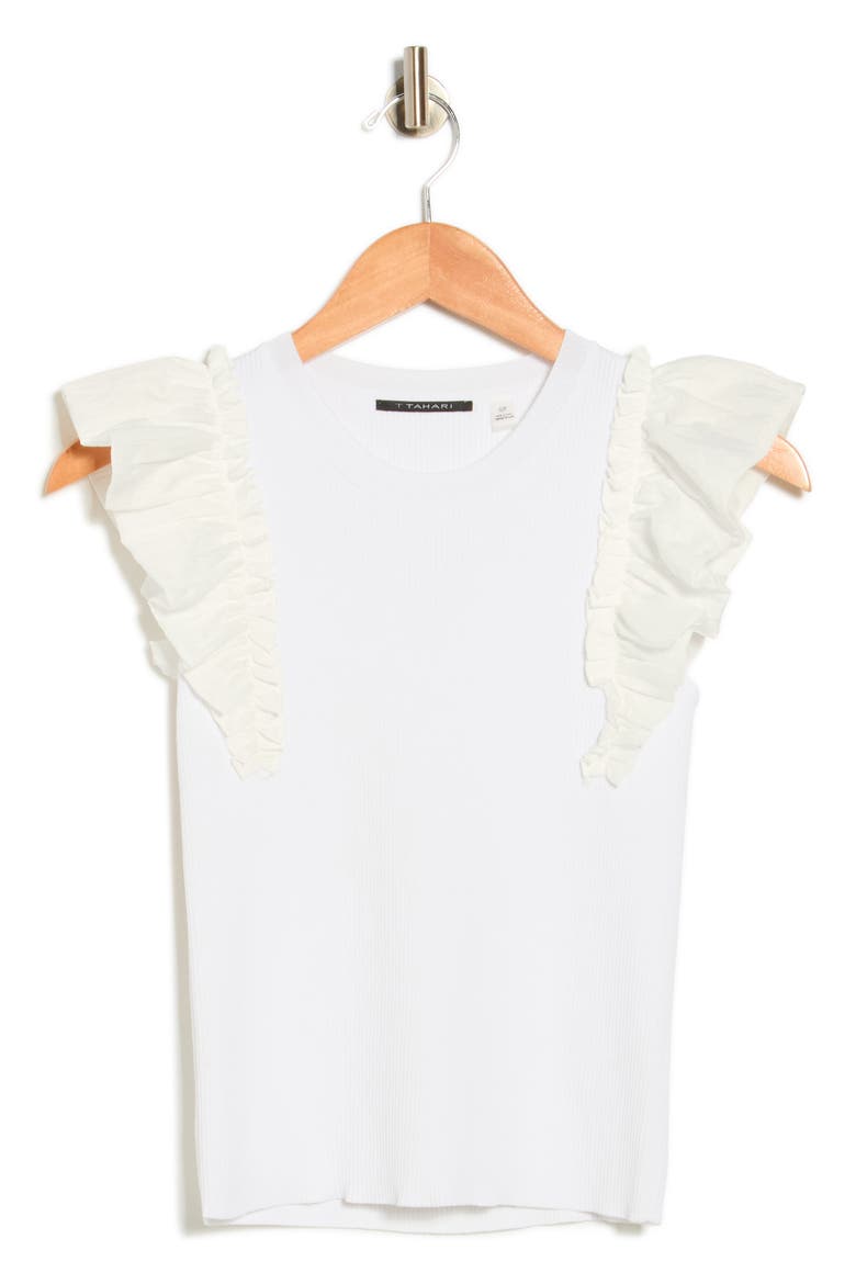 Ruffle Mixed Media Rib Sweater, Alternate, color, WHITE