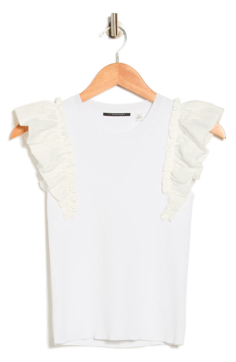 T Tahari Ruffle Mixed Media Rib Sweater, Main, color, White