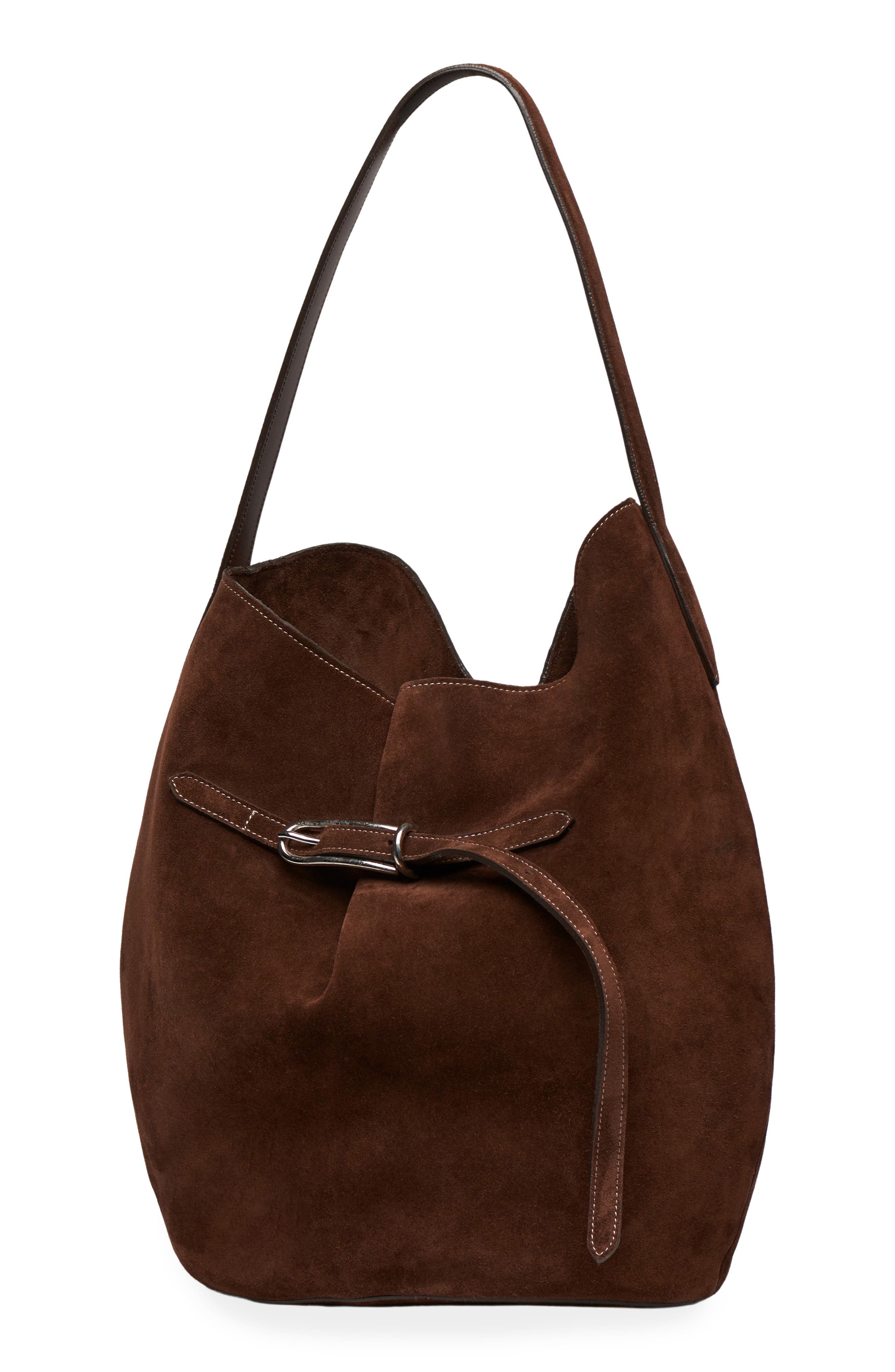LIFFNER Large Belted Suede Bucket Bag, Alternate, color, Dark Brown