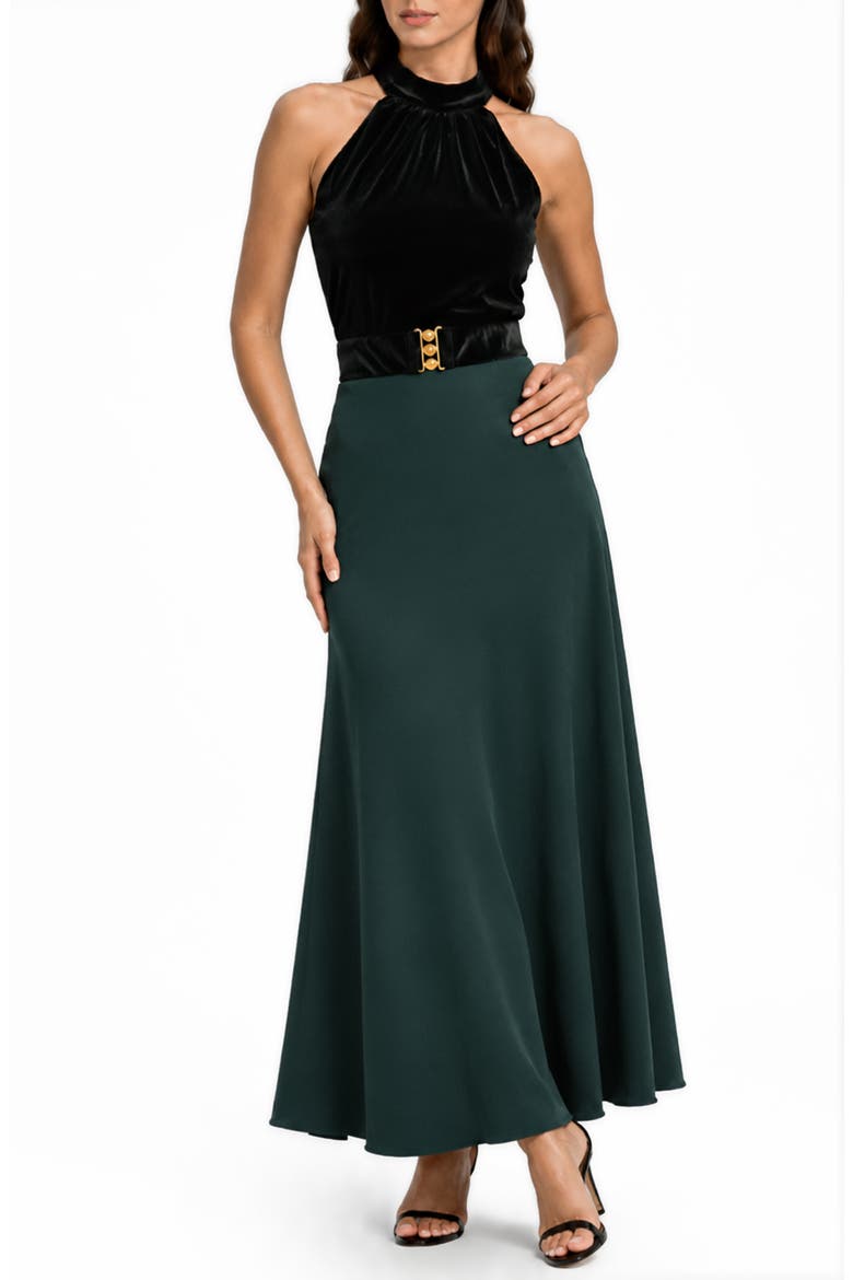 Cleo Mixed Media Halter Gown, Main, color, BLACK/ PONDEROSA PINE