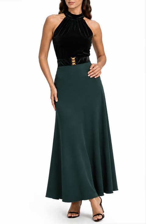 Cleo Mixed Media Halter Gown