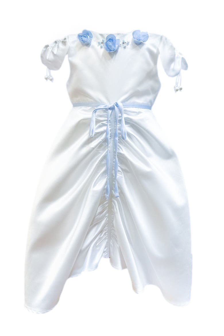 Daphne Satin Dress with Blue Embroidery, Main, color, White and Baby Blue