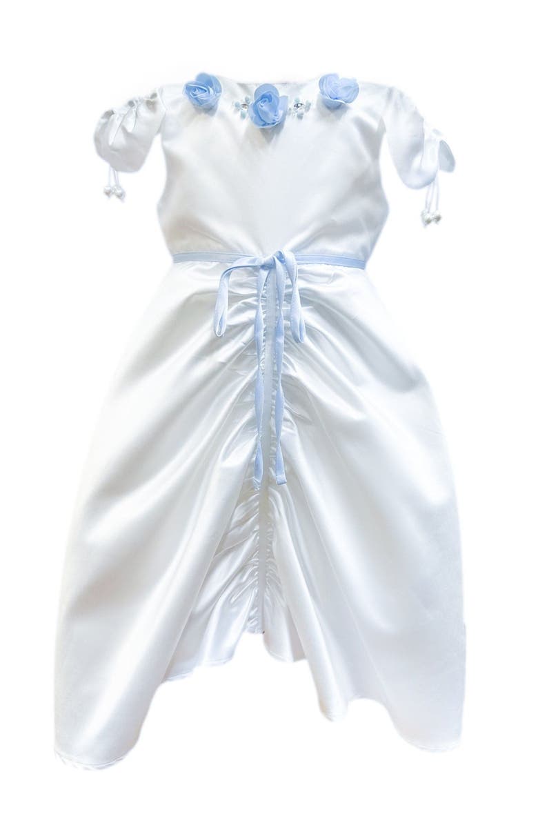 Petite Maison Kids Daphne Satin Dress with Blue Embroidery, Main, color, White And Baby Blue