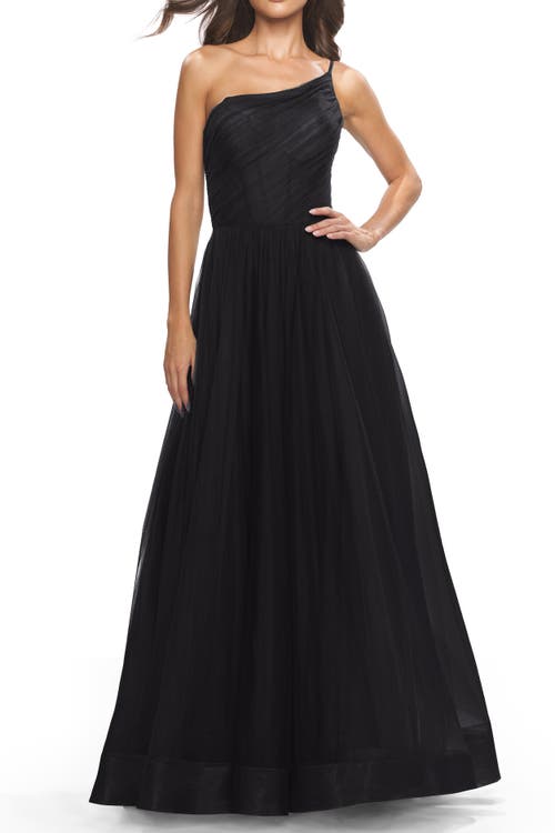 La Femme One Shoulder A-line Tulle Gown With Sheer Bodice
