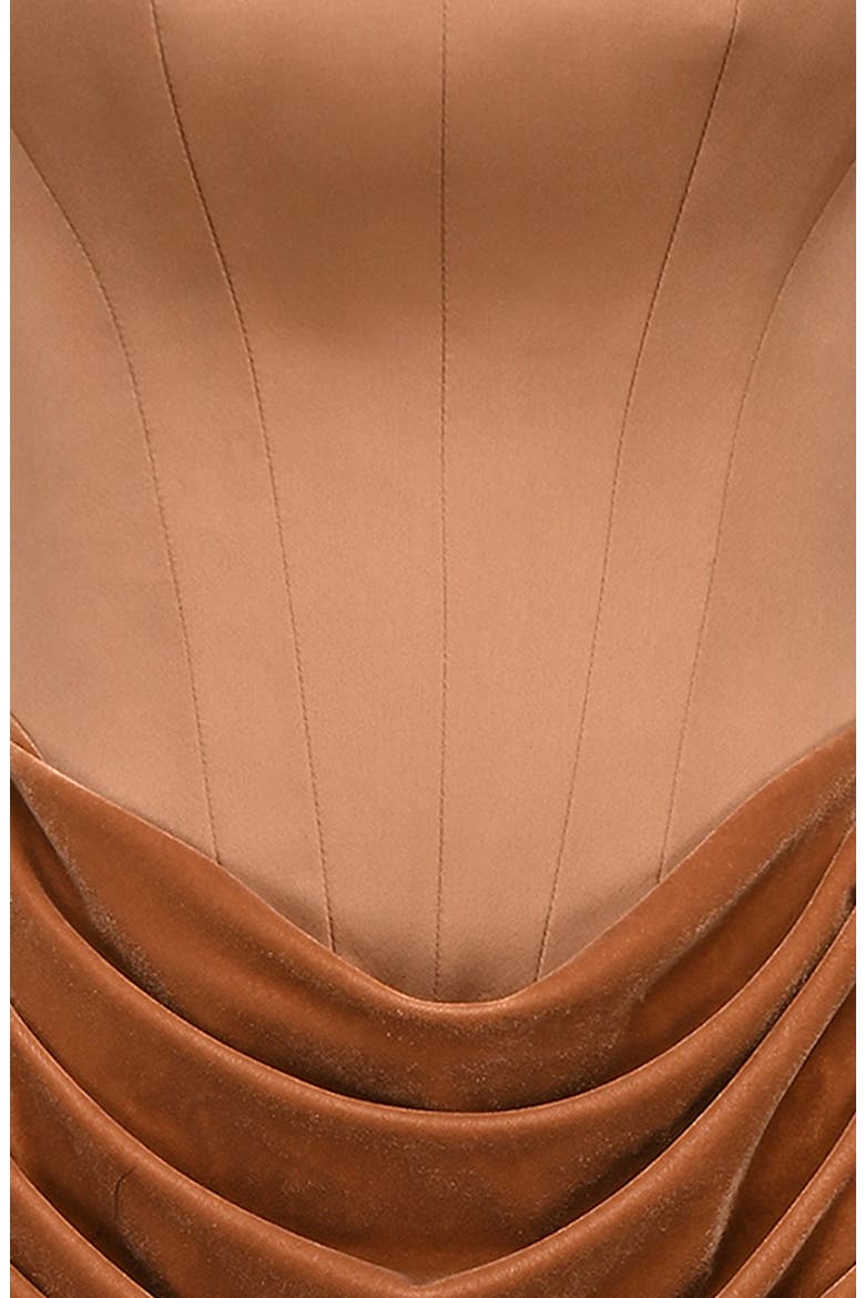 Persephone Strapless Corset Satin & Velvet Gown, Alternate, color, TOFFEE