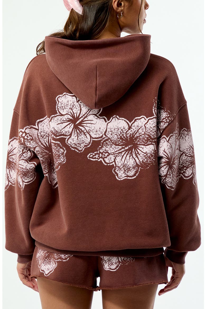 Hibiscus Print Cotton Blend Hoodie, Alternate, color, BROWN