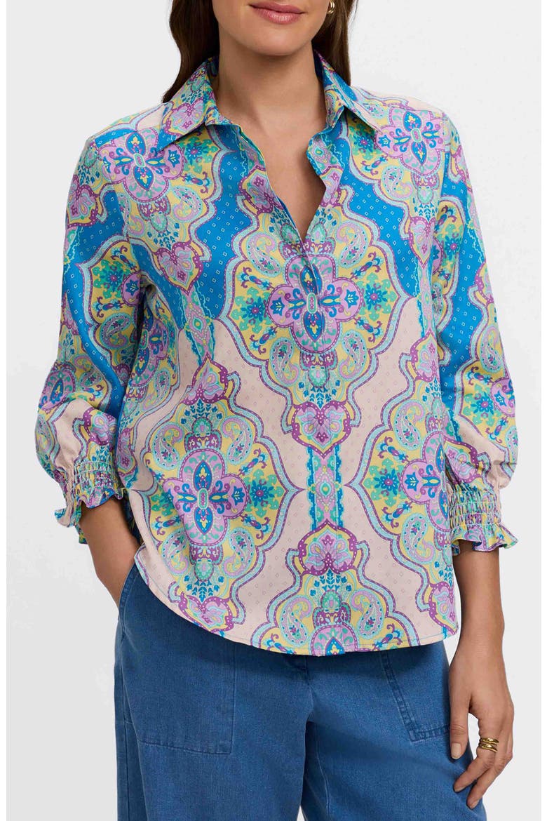 Olivia Paisley Smocked Cuff Linen Blend Button-Up Shirt, Main, color, PURPLE/ MULTI