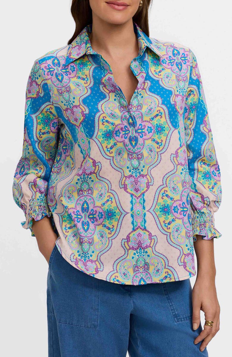 Foxcroft Olivia Paisley Smocked Cuff Linen Blend Button-Up Shirt, Main, color, Purple/ Multi