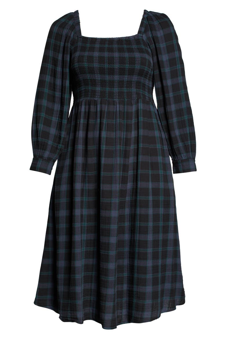 Lucie Livonia Plaid Lightspun Long Sleeve Smocked Midi Dress, Alternate, color, DARK BALTIC