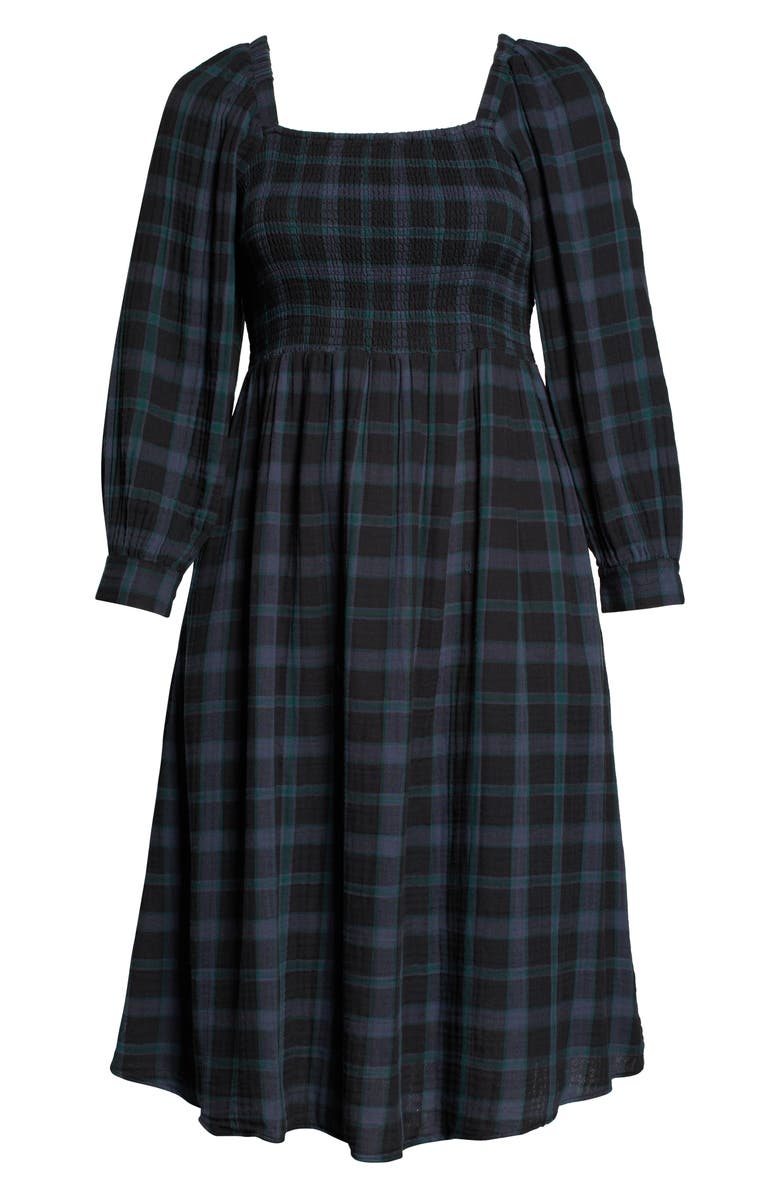 Madewell Lucie Livonia Plaid Lightspun Long Sleeve Smocked Midi Dress, Alternate, color, Dark Baltic