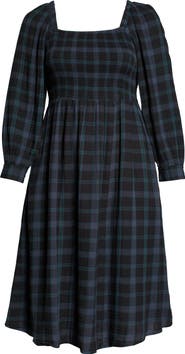 Madewell Lucie Livonia Plaid Lightspun Long Sleeve Smocked Midi Dress