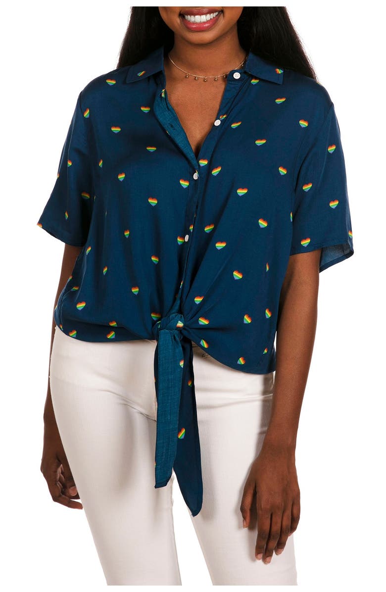 TIPSY ELVES Rainbow Hearts Tie Front Shirt, Main, color, 