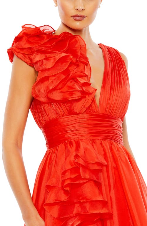 Mac Duggal Ruffle Shoulder V-neck Chiffon Gown In Cherry