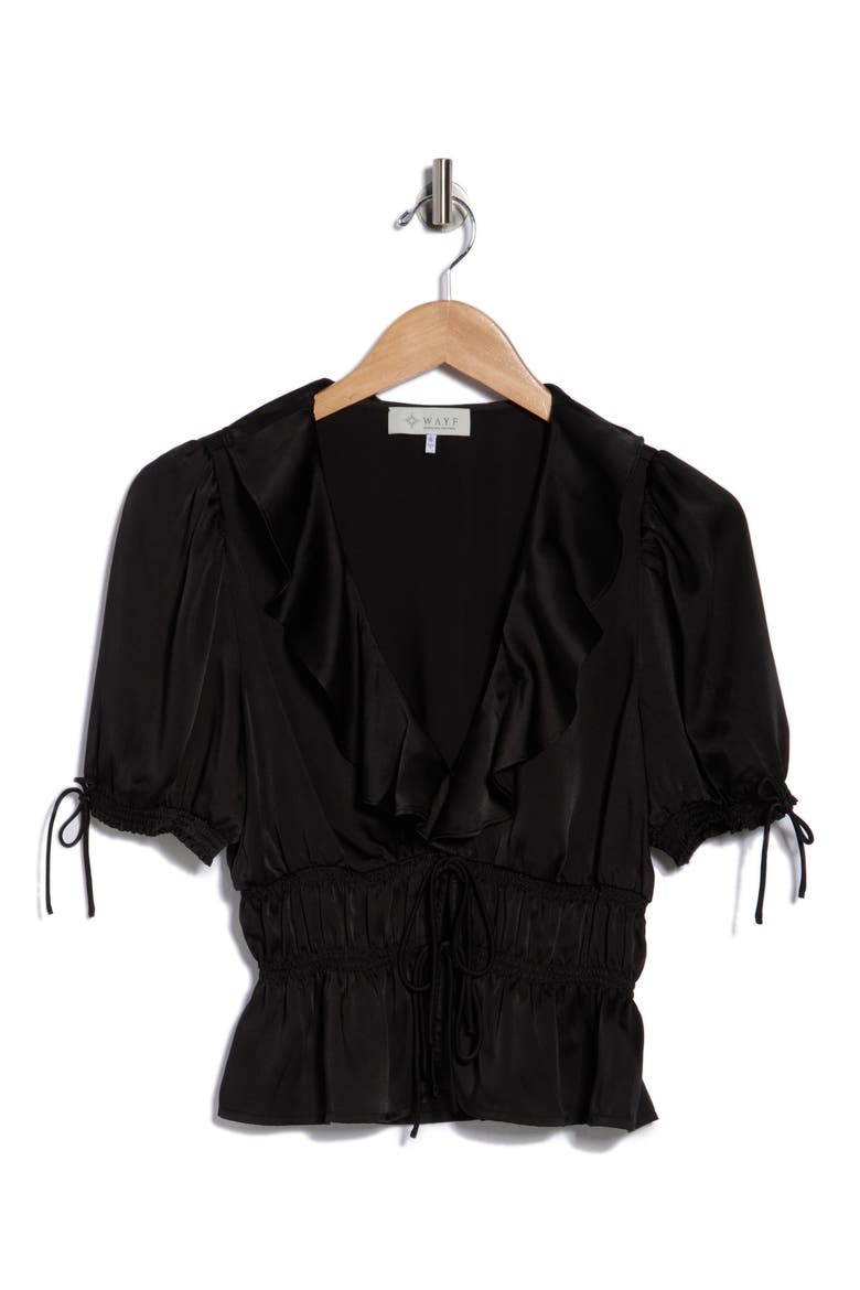 Ruffle Tie Front Top, Alternate, color, BLACK