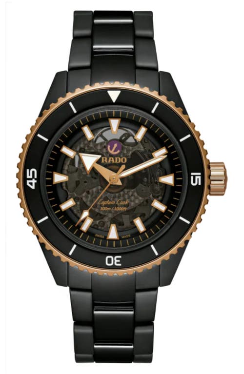 RADO Captain Cook High Tech Ceramic Automatic Bracelet Watch, 43mm in Rose Gold/Black at Nordstrom