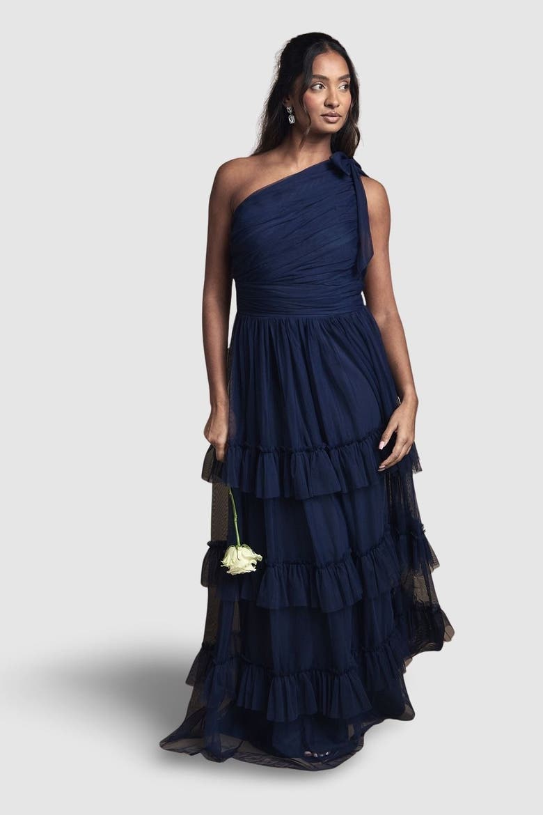 Pleated One Shoulder Tiered Maxi Dress, Main, color, Navy