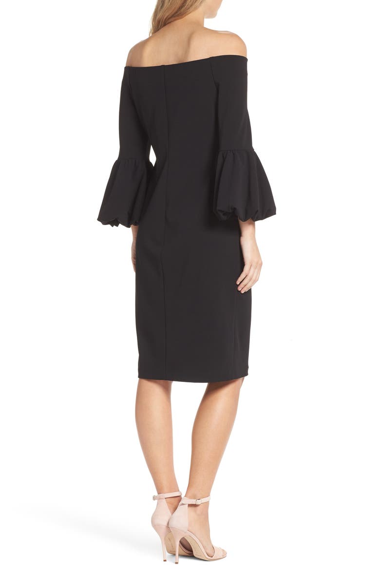 Off the Shoulder Bell Sleeve Scuba Crepe Dress, Alternate, color, BLACK