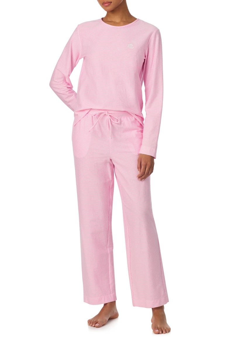 Print Cotton Ankle Length Pajamas, Alternate, color, PINK STRIPE