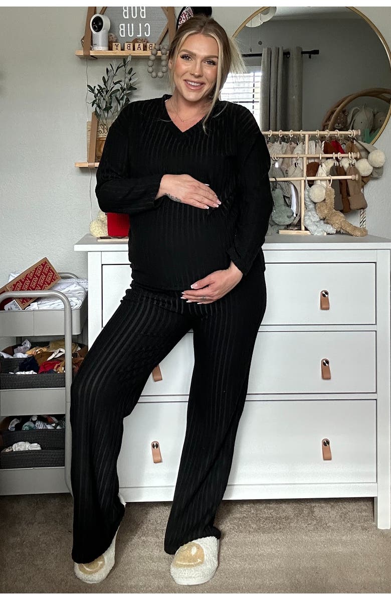 PinkBlush Ribbed Soft Knit Long Sleeve Pajama Set, Alternate, color, Black