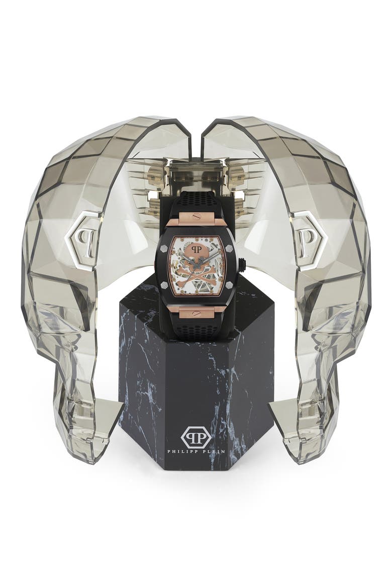 The $keleton Silicone Strap Watch, 44mm, Alternate, color, ROSE GOLD/ BLACK