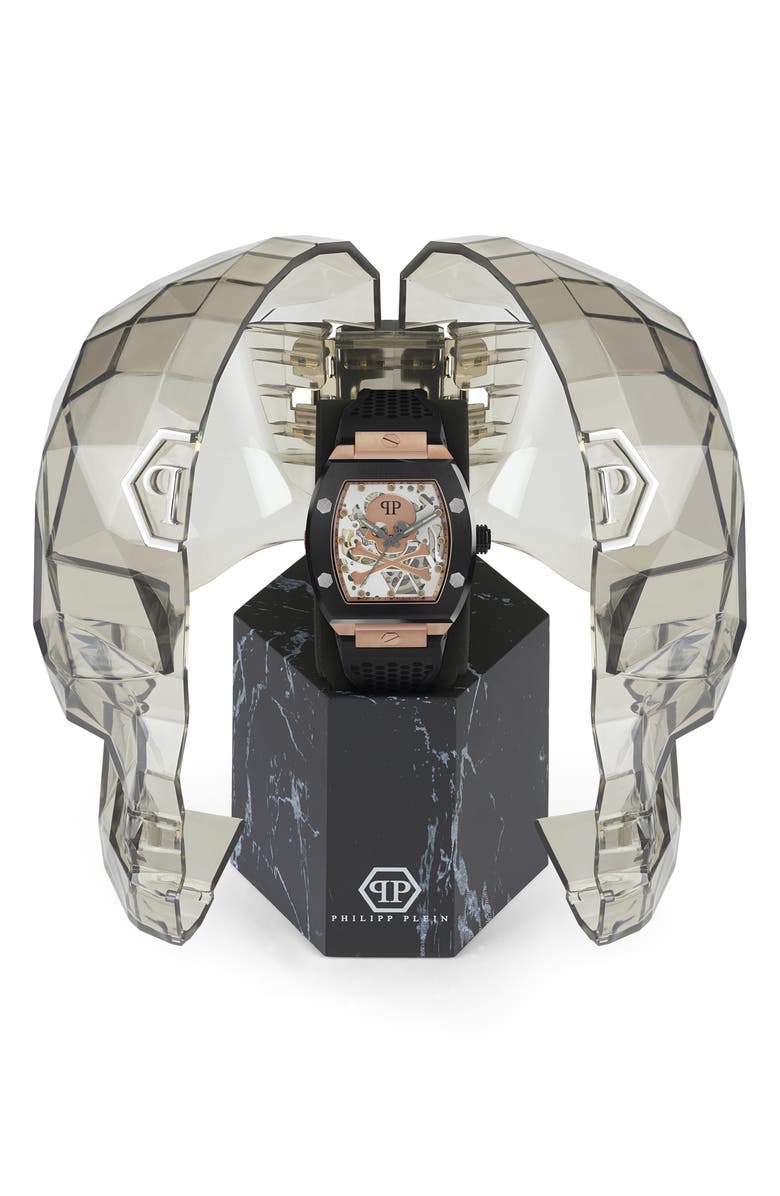 PHILIPP PLEIN The $keleton Silicone Strap Watch, 44mm, Alternate, color, Rose Gold/ Black