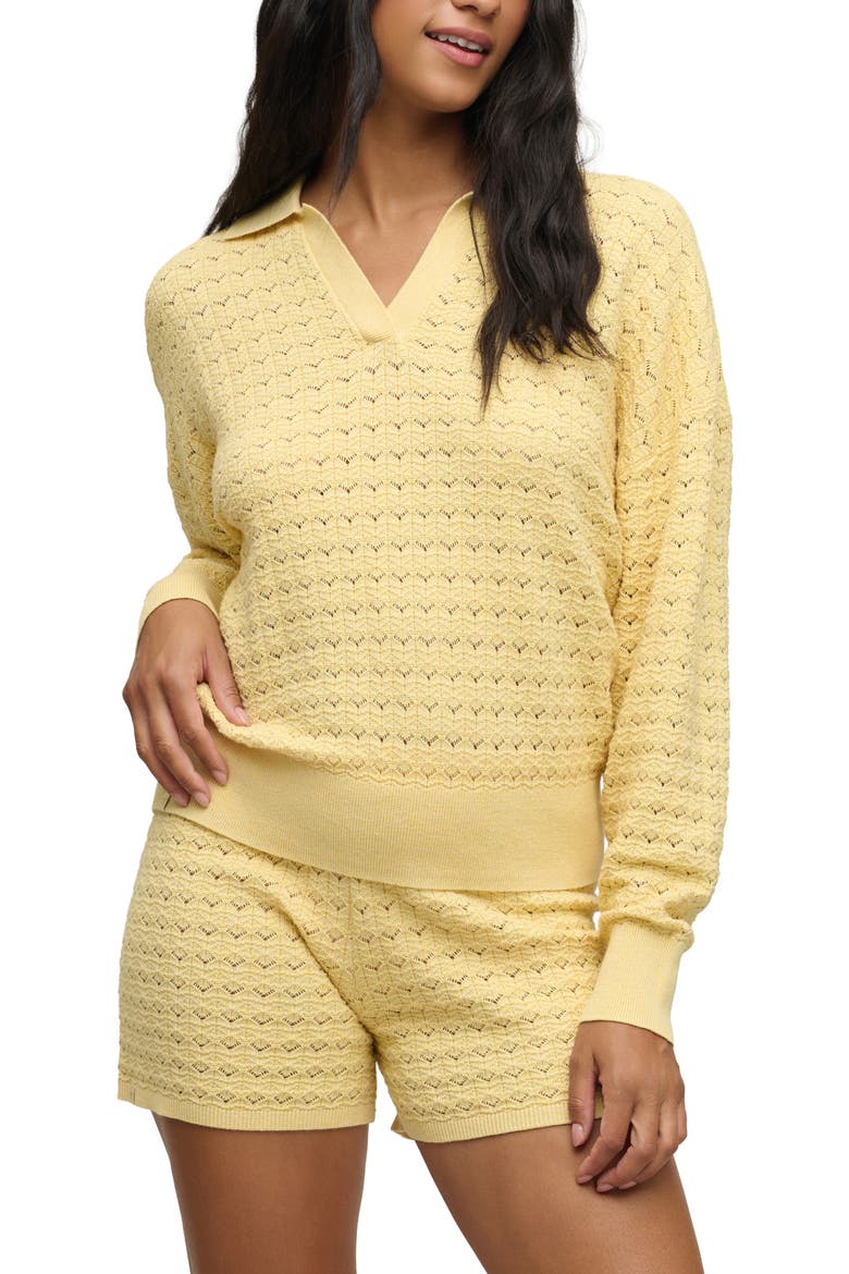 Heathered Cotton Tulip Pointelle Collared Pullover, Main, color, CANARY