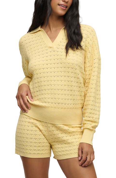 Heathered Cotton Tulip Pointelle Collared Pullover