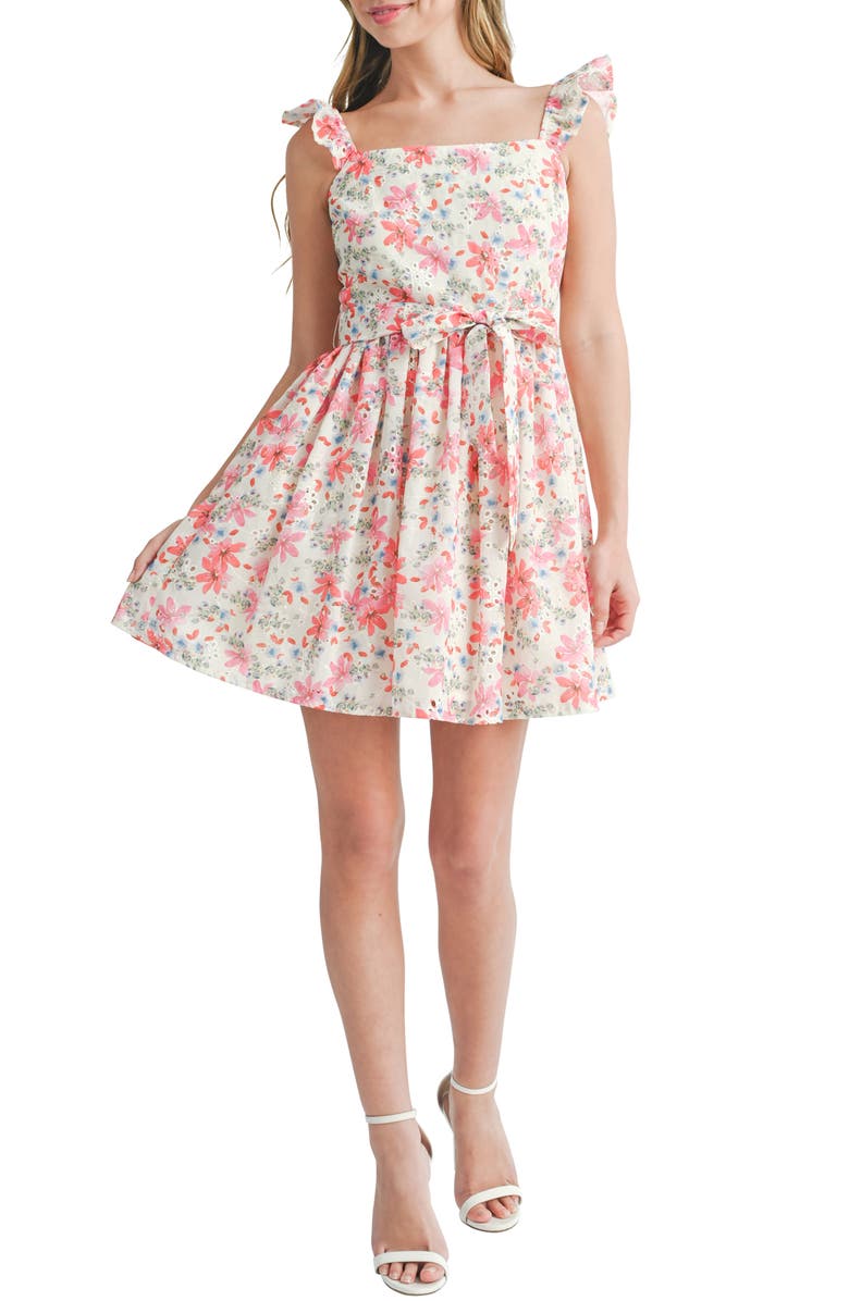 All in Favor Floral Eyelet Cotton Minidress, Main, color,