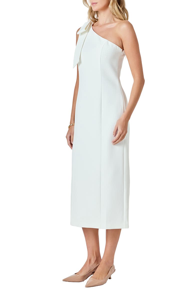 Bow Accent One-Shoulder Midi Dress, Alternate, color, WHITE