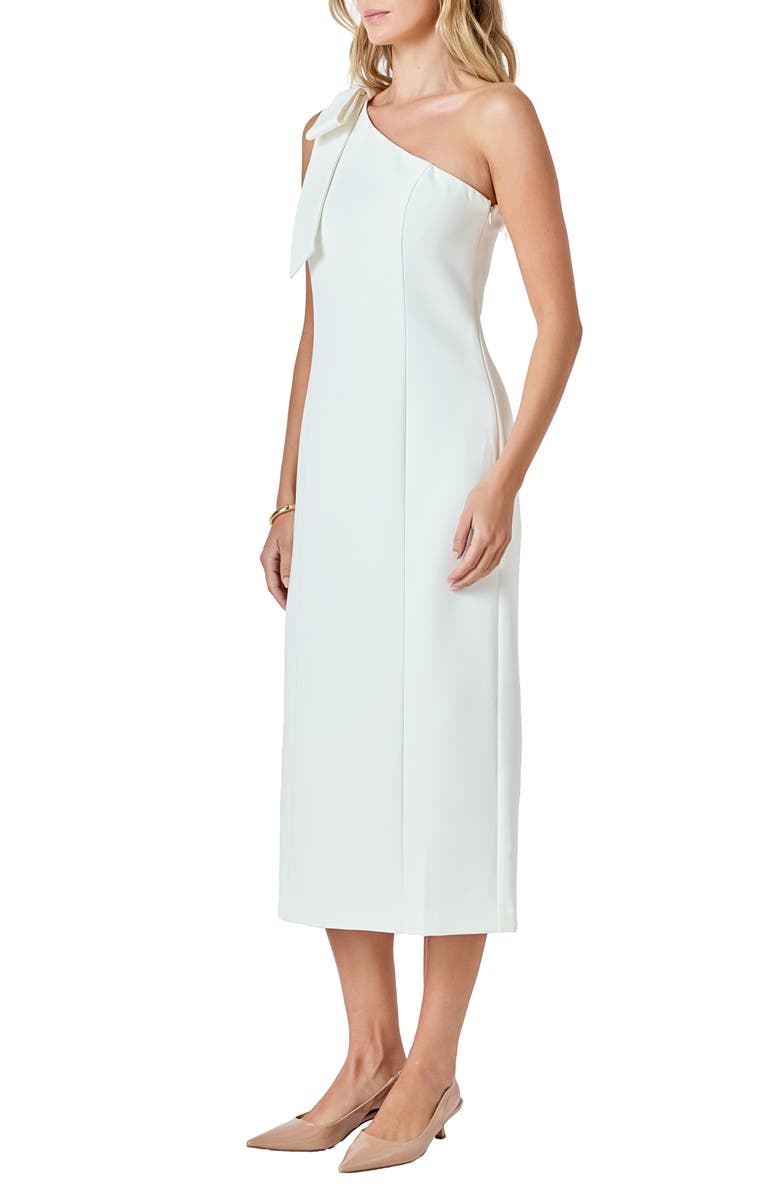 Endless Rose Bow Accent One-Shoulder Midi Dress, Alternate, color, White