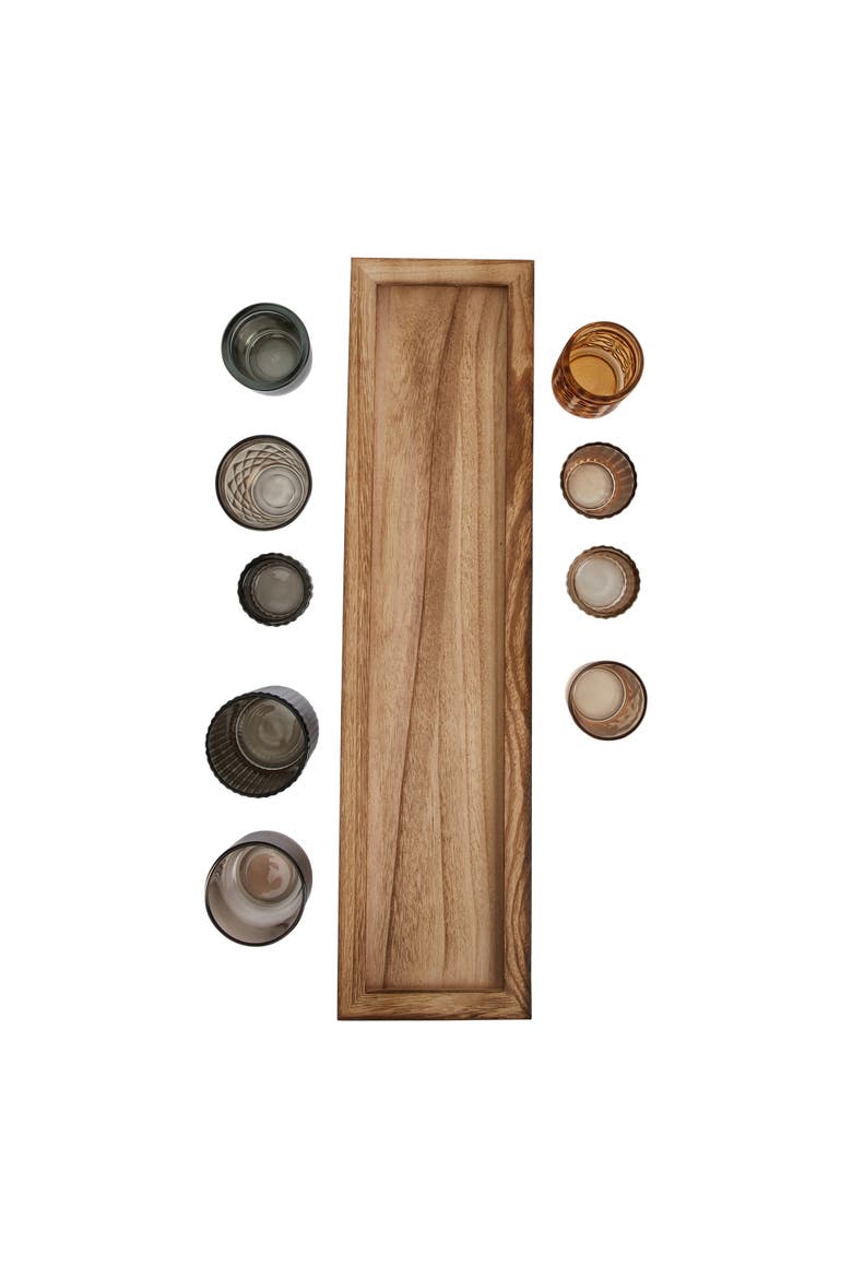 Round Glass Votive Holders on Wood Tray, Brown, Set of 10, Alternate, color, Brown